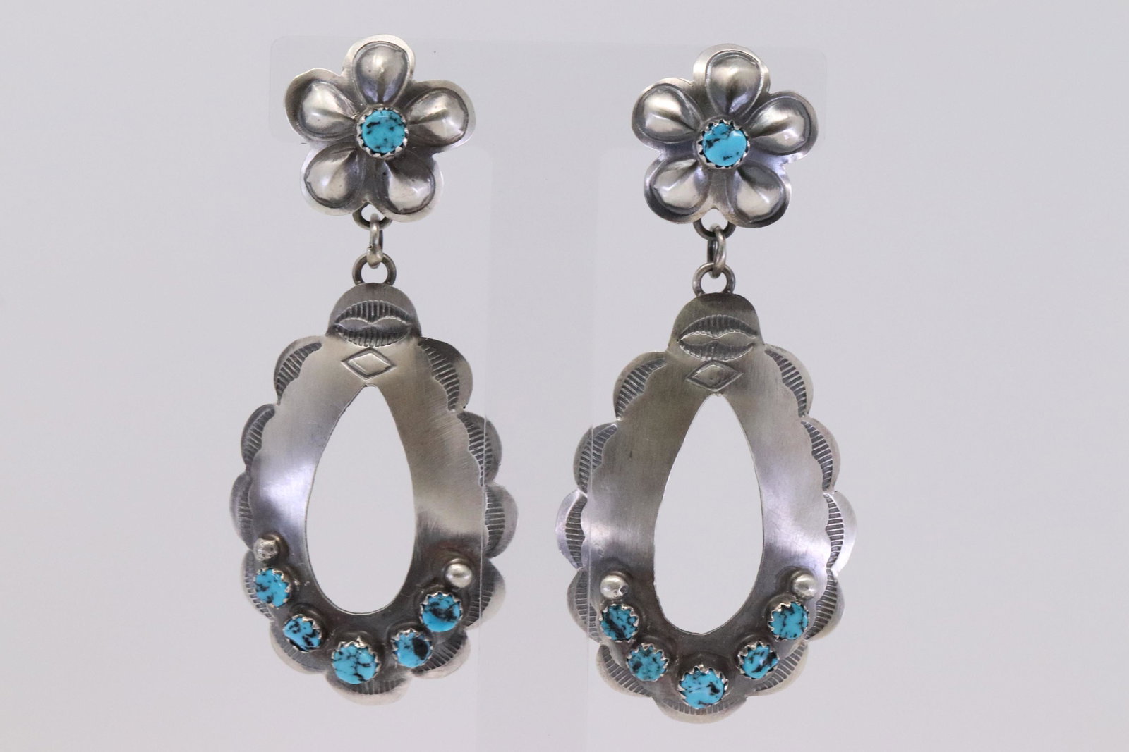 Native American Navajo Handmade Sterling Silver: This is a Native American Navajo Handmade Sterling Silver Turquoise Post Dangle Earrings by Tim Yazzie.