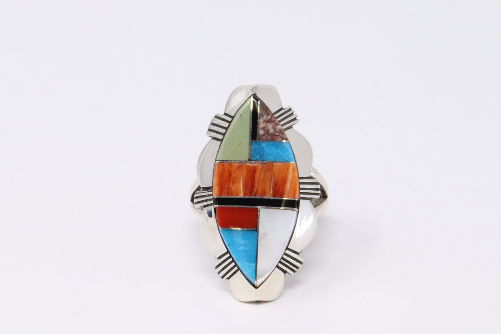 Native American Navajo Handmade Sterling Silver: This is a Native American Navajo Handmade Sterling Silver Mulit-Color Inlay Ring by Ray Jack. Ring size is 8.00. REF: I.D