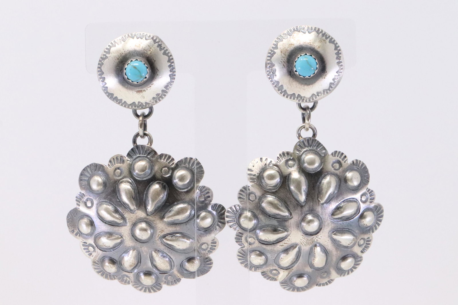 Native American Navajo Handmade Sterling Silver: This is a Native American Navajo Handmade Sterling Silver Tuquoise Post Dangle Earrings by Tim Yazzie. REF: I.D
