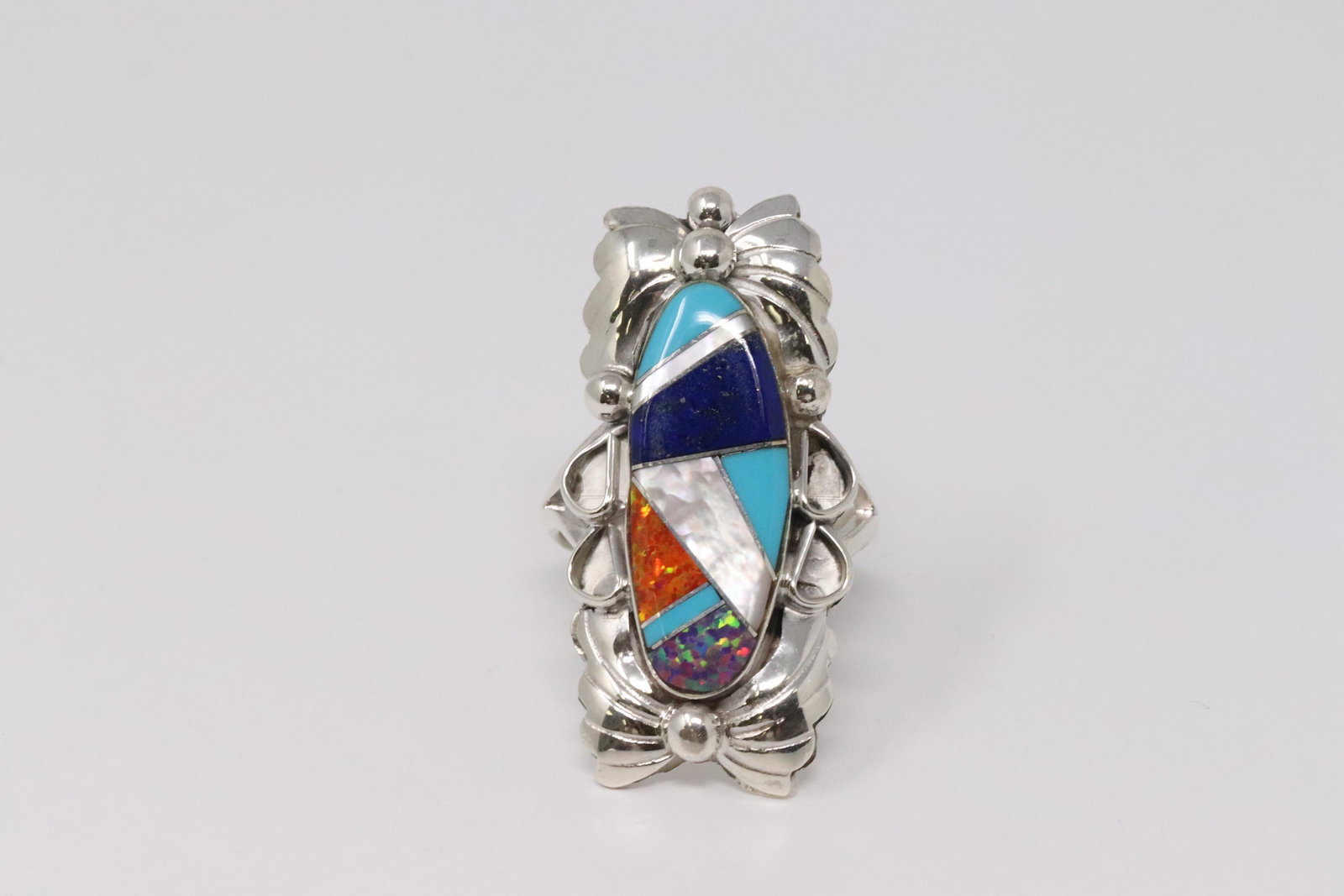Native American Handmade Sterling Silver Navajo Multi: This is a Native American Handmade Sterling Silver Navajo Multi Color Inlay Ring By Jerome Yazzie. Ring size: 7.75"