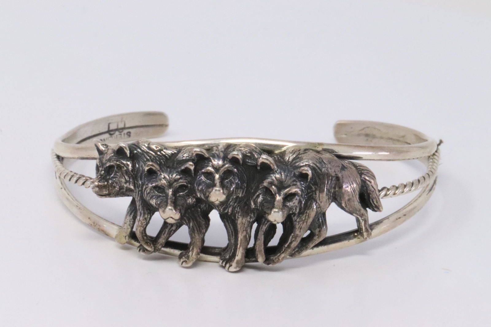 Native American Navajo Sterling Silver Wolf Bracelet By (1 of 4)