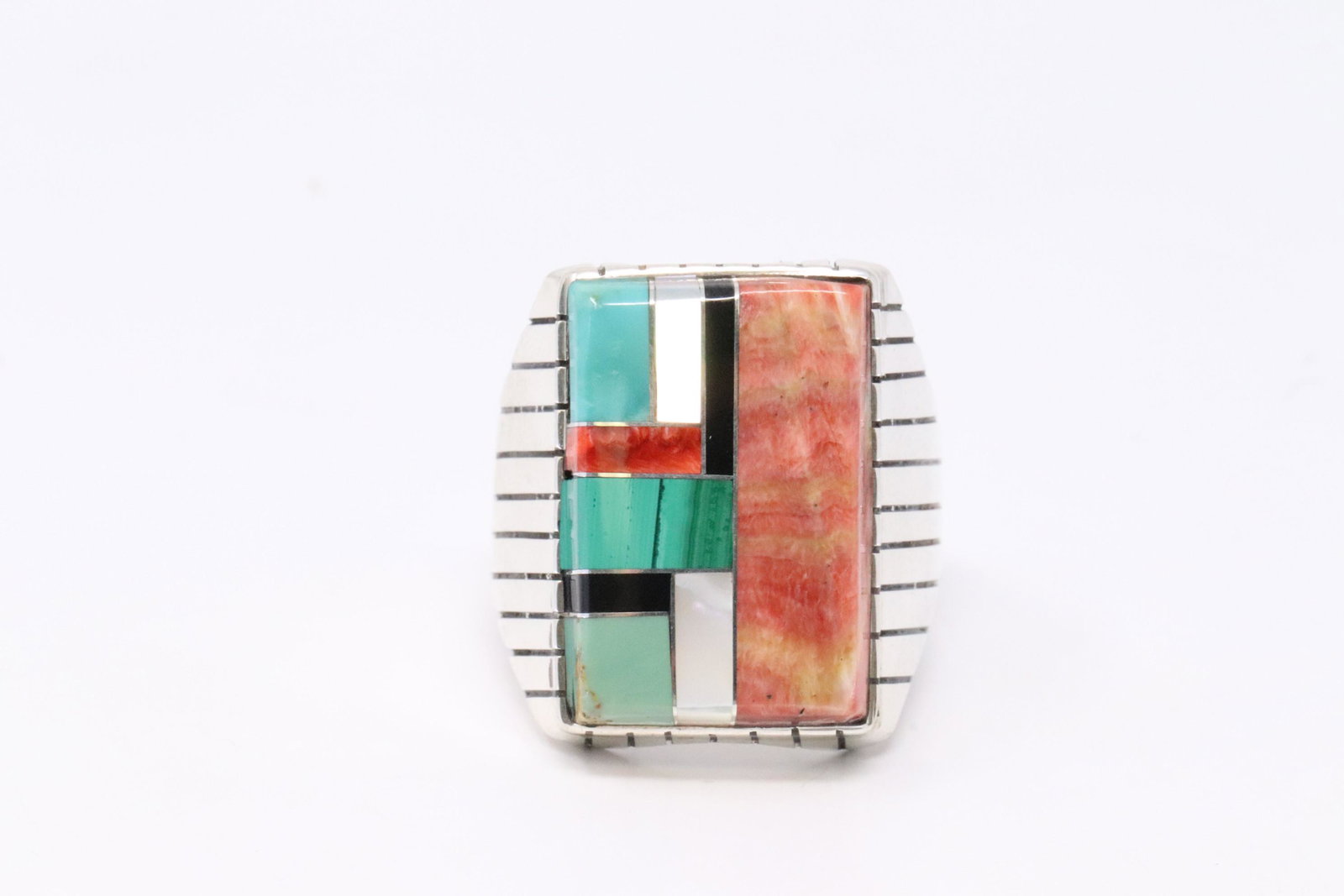 Native American Navajo Handmade Sterling Silver: This is a Native American Navajo Handmade Sterling Silver Mulit-Color Inlay Ring by Ray Jack. Ring size is 11.50.