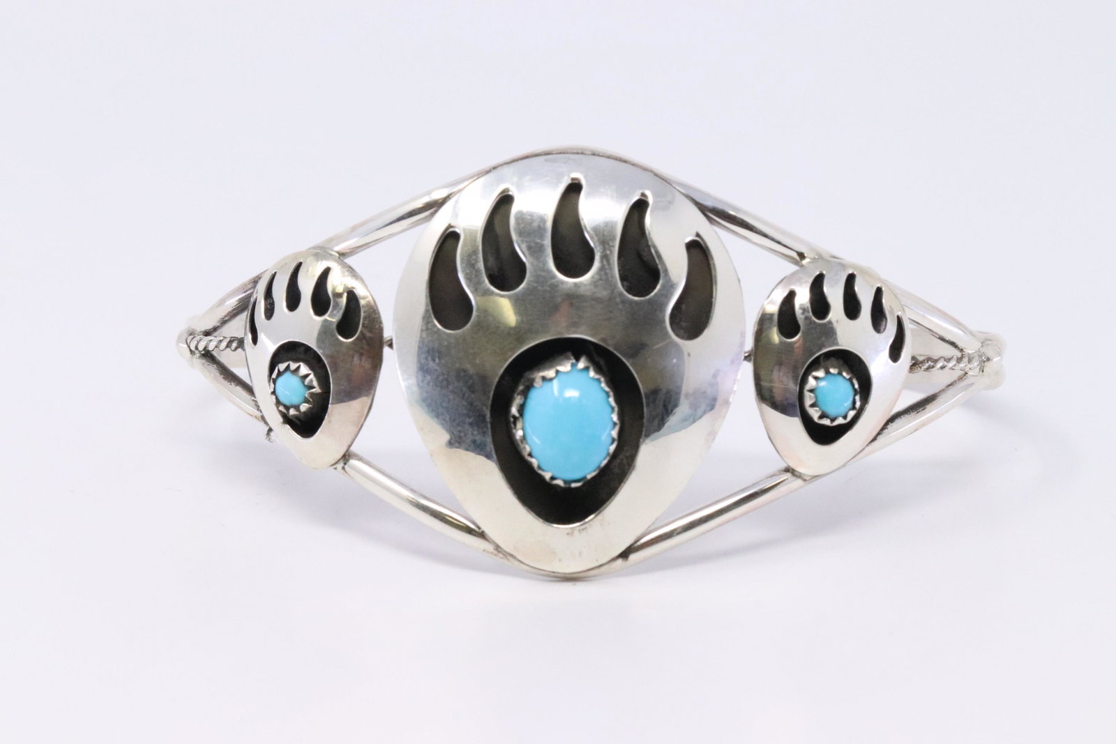 Native American Handmade Sterling Silver Navajo Bear: This is Native American Handmade Sterling Silver Navajo Bear Paw Turquoiose Bracelet By Janice Spencer.