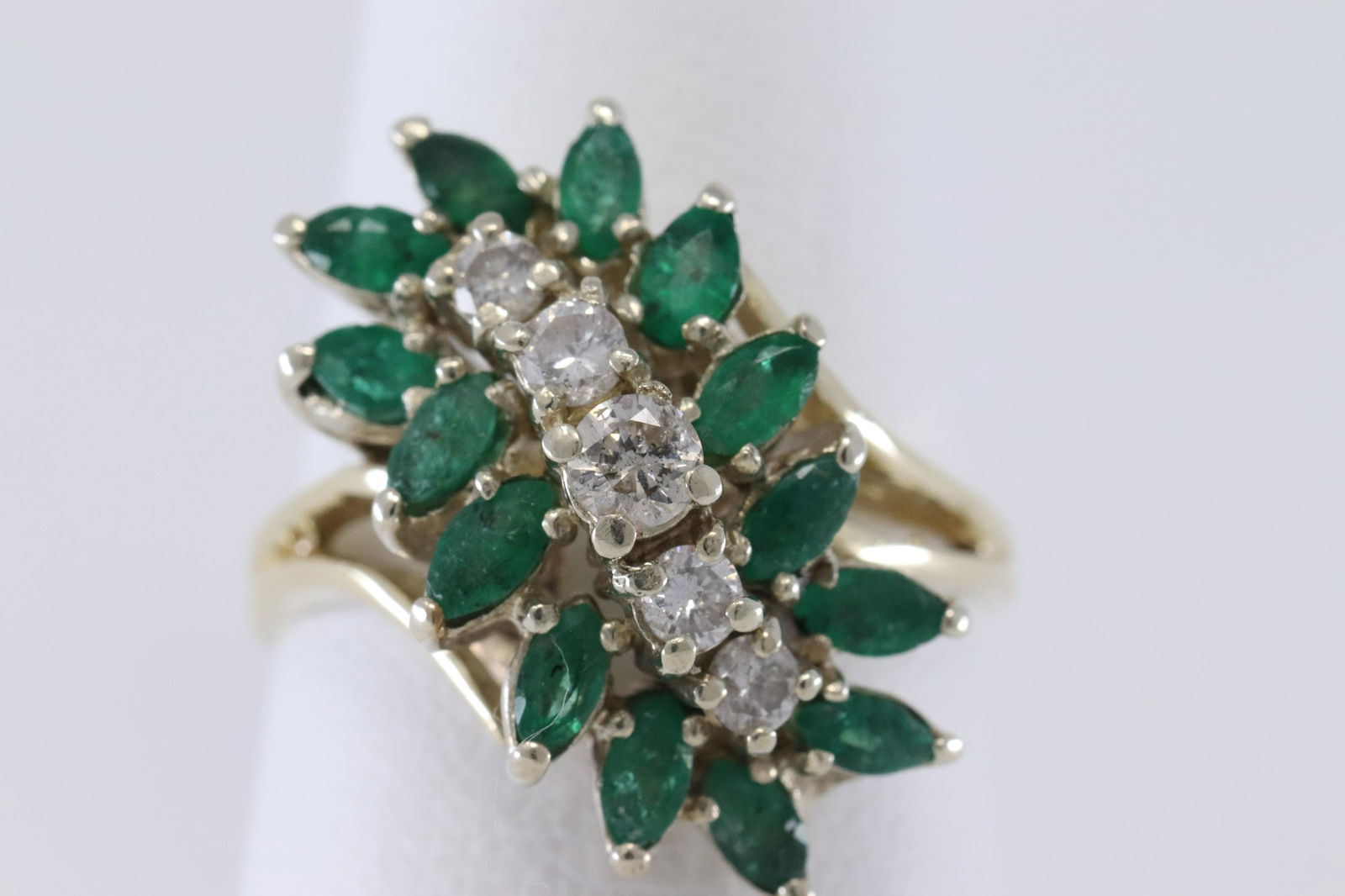 14Kt Ladies Diamond Ring w/ Maquise Shape Emeralds (1 of 2)