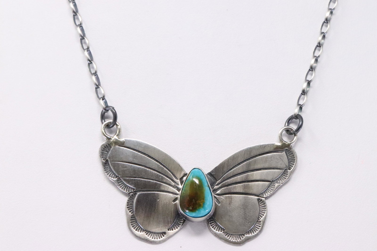 Native American Handmade Sterling Silver Navajo: This is Native American Handmade Sterling Silver Navajo Turquoise Butterfly Necklace By Rick Enriquez. Necklace length: 18.50"