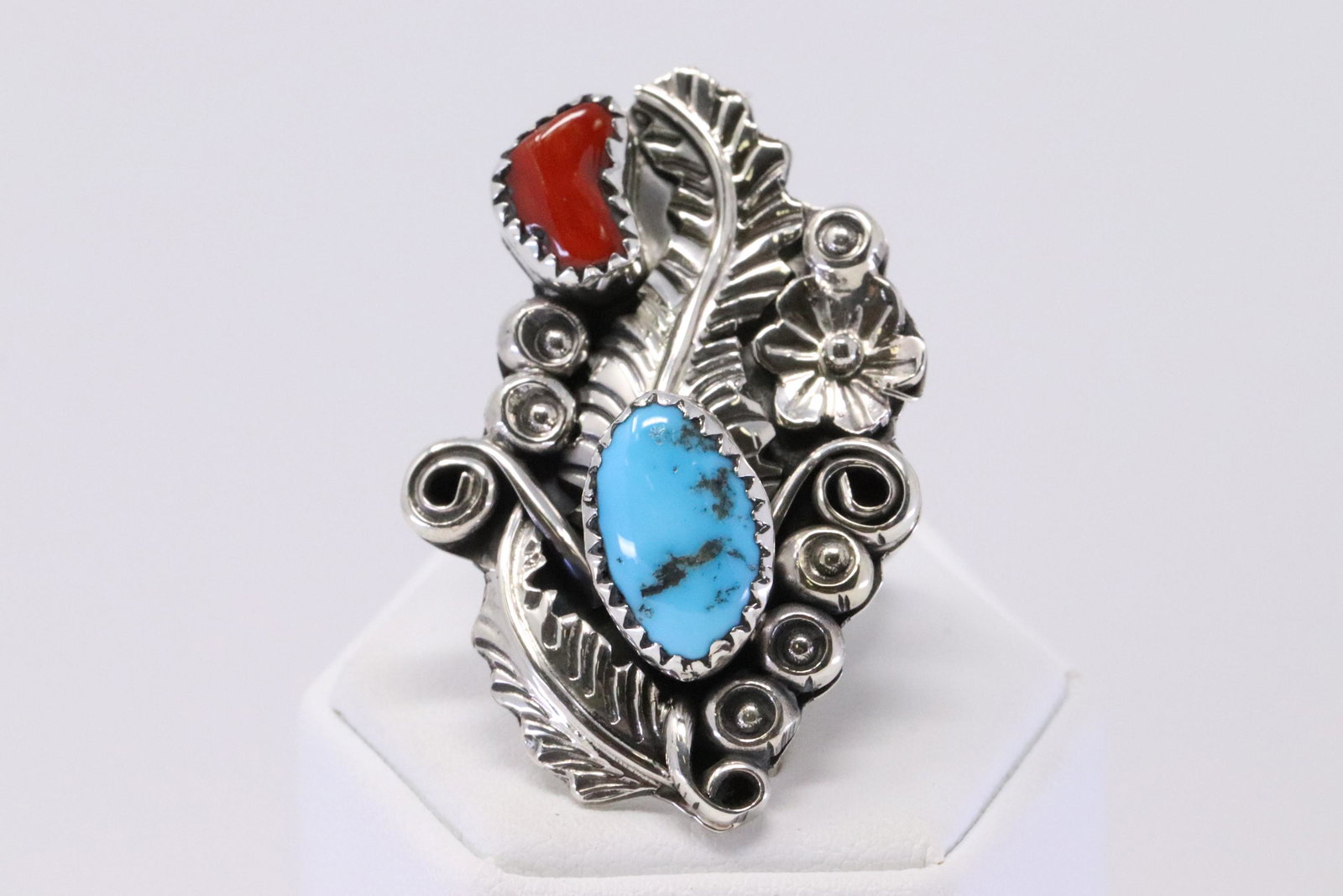 Native American Handmade Sterling Silver Navajo Coral: This is a Native American Handmade Sterling Silver Navajo Coral Turquoise Ring By Harry B. Yazzie. Ring size: 6.75.