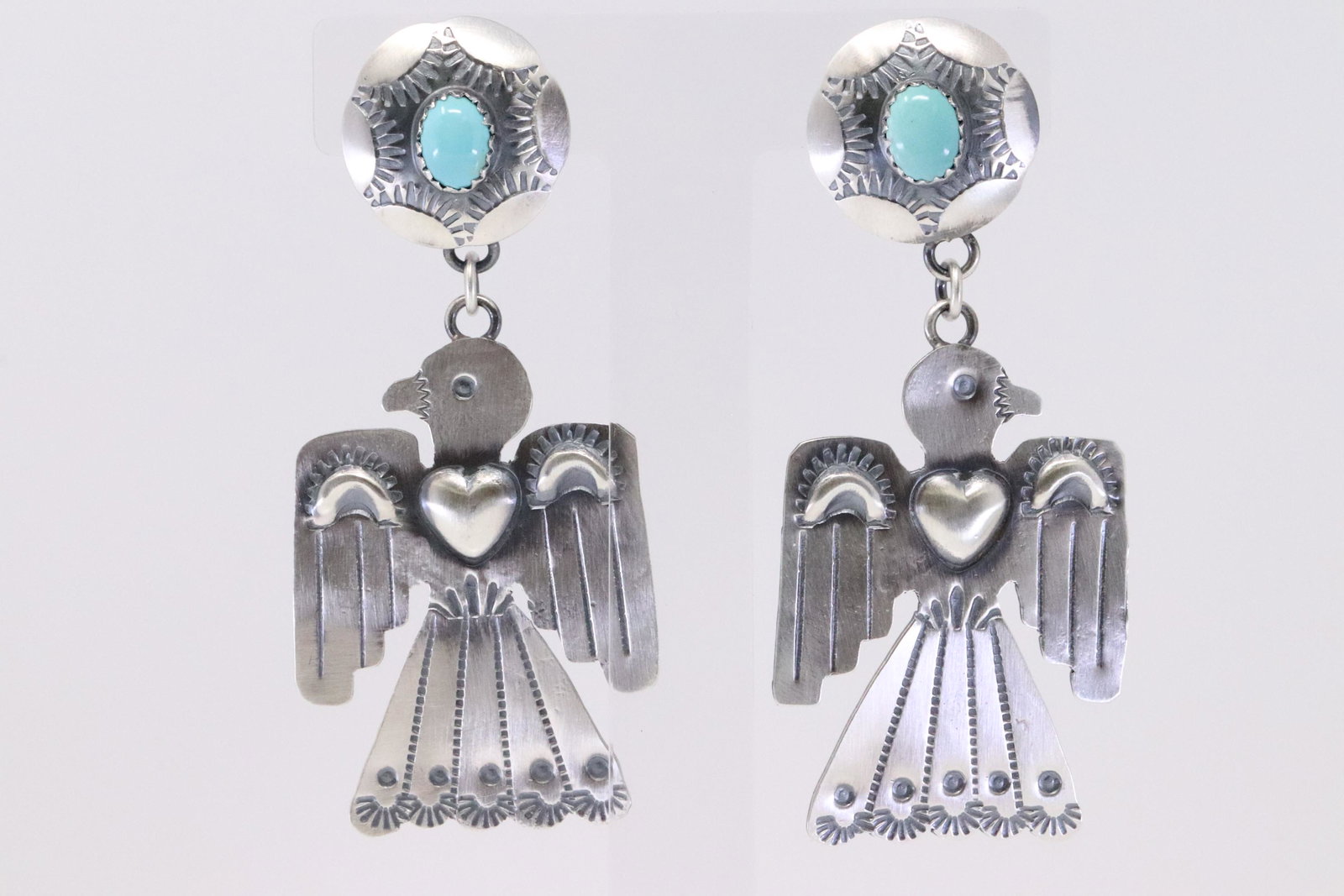 Native American Navajo Handmade Sterling Silver: This is a Native American Navajo Handmade Sterling Silver Turquoise Thunderbird Post Dangle Earrings by Tim Yazzie. Earrings Length is 3.00in"