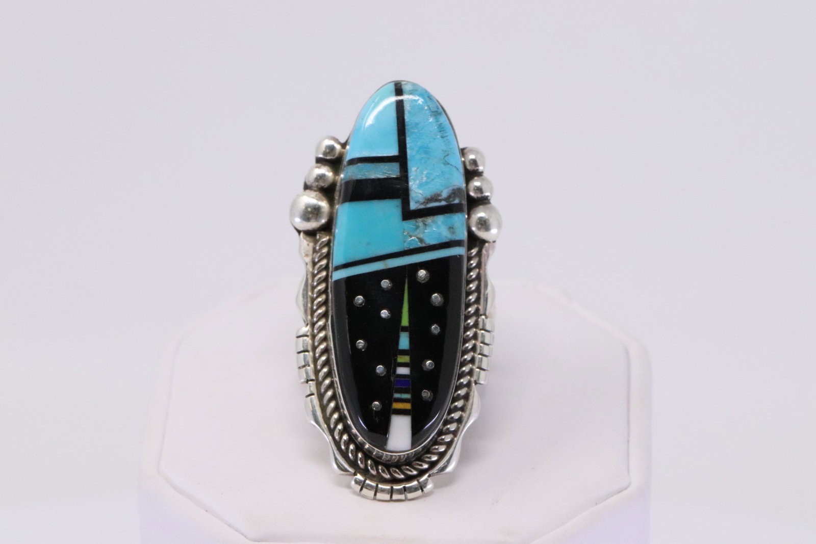Native American Navajo Handmade Sterling Silver Inlay: This is a Native American Navajo Handmade Sterling Silver Inlay Sky Night Ring By Ray Jack. Ring size: 9.00.