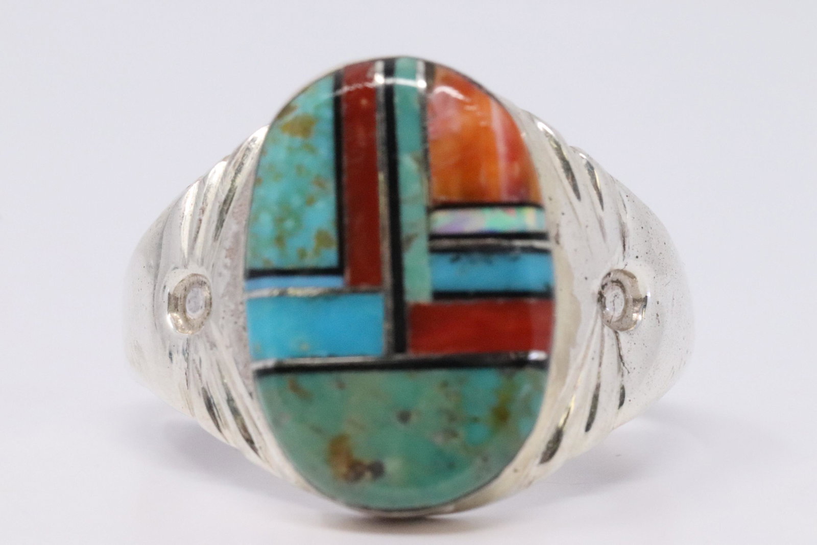 Native American Navajo Handmade Sterling Silver: This is a Native American Navajo Handmade Sterling Silver Multi-Color Inlay Ring by M.L. Ring Size is 12.50