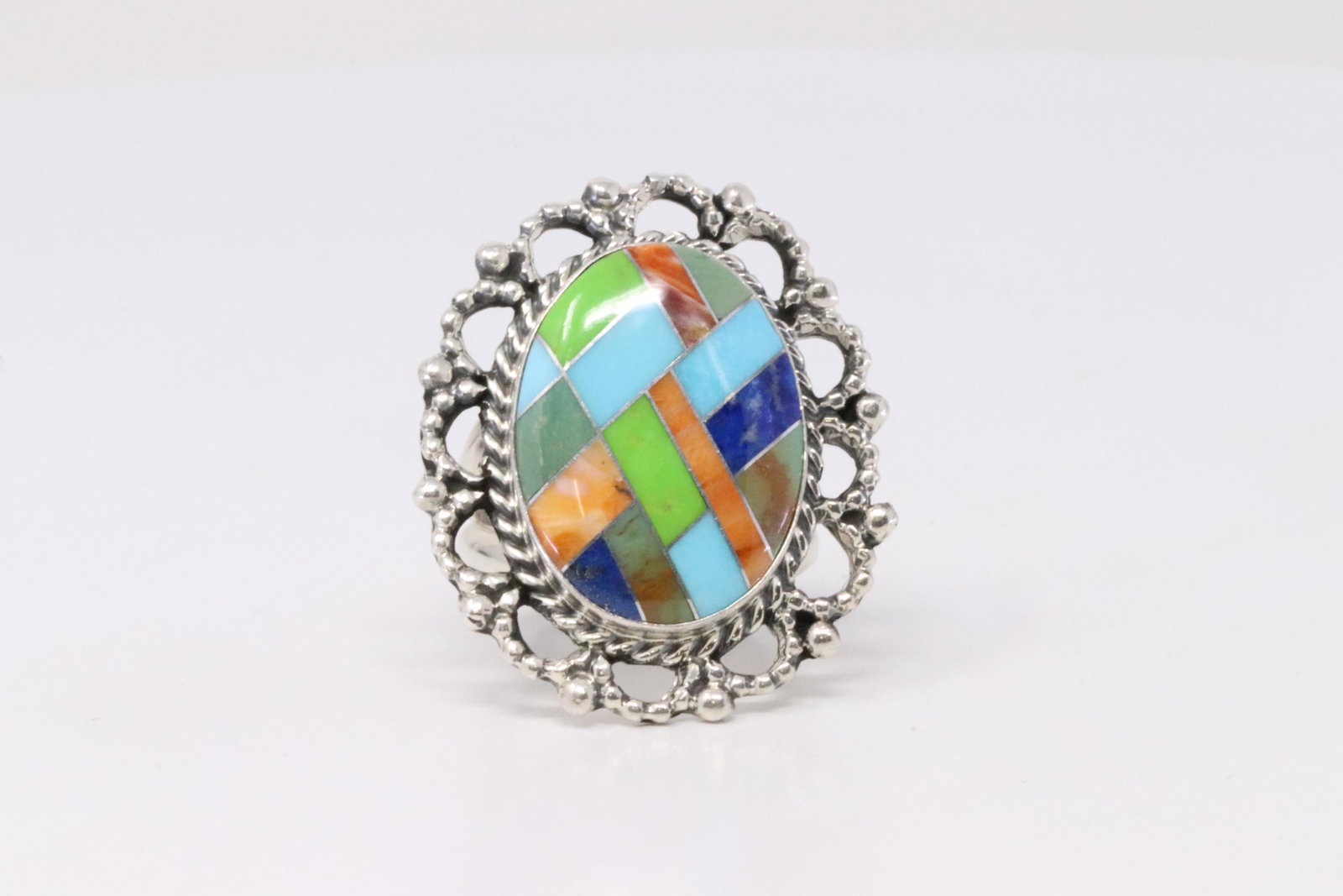 Native America Navajo Handmade Sterling Silver Inlay: This is a Native America Navajo Handmade Sterling Silver Inlay Multi-Color By R.B. Ring size: 5.50.