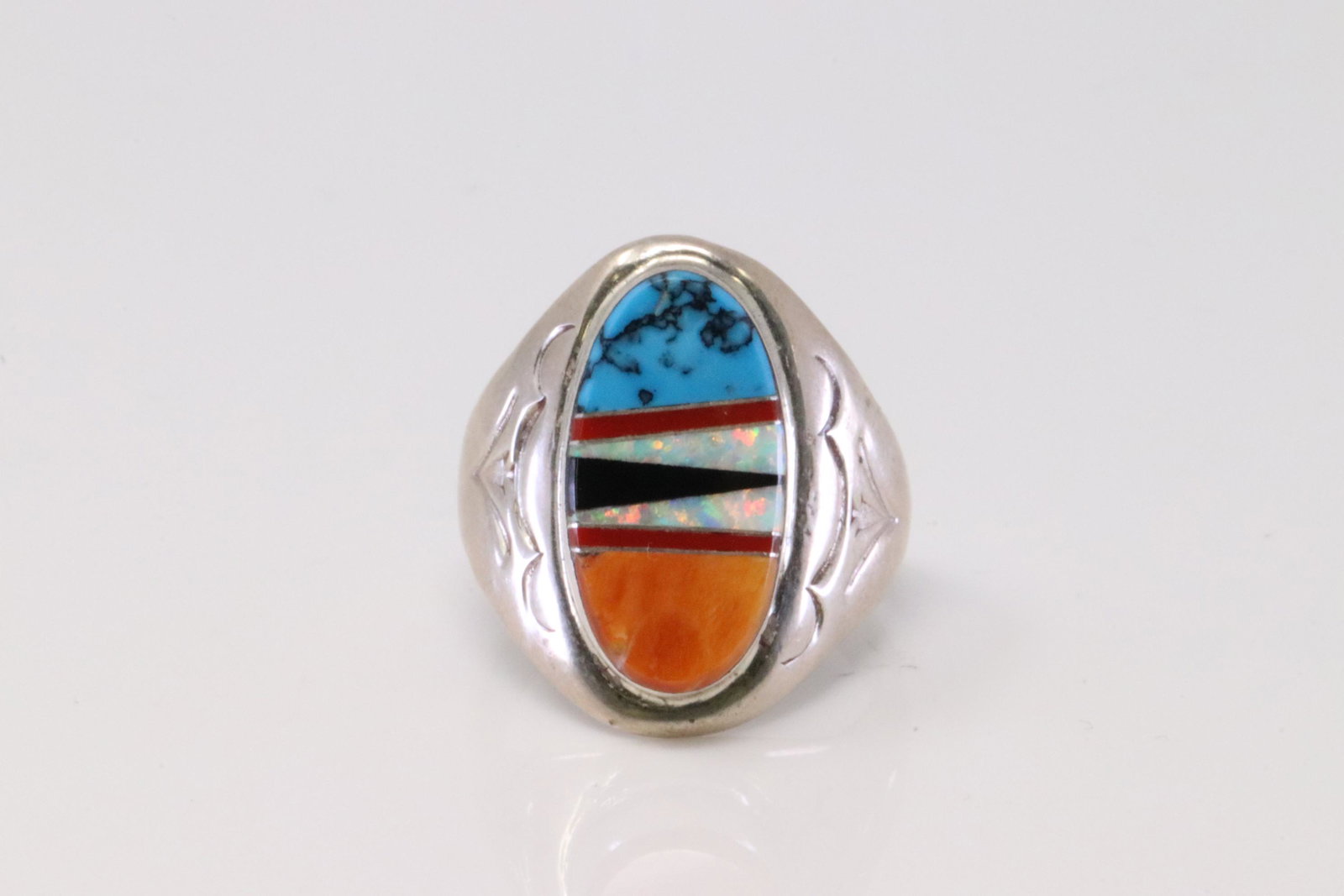 Native American Navajo Handmade Sterling Silver: This is a Native American Navajo Handmade Sterling Silver Multi-Color Inlay Ring By TL. Ring size: 10.25.
