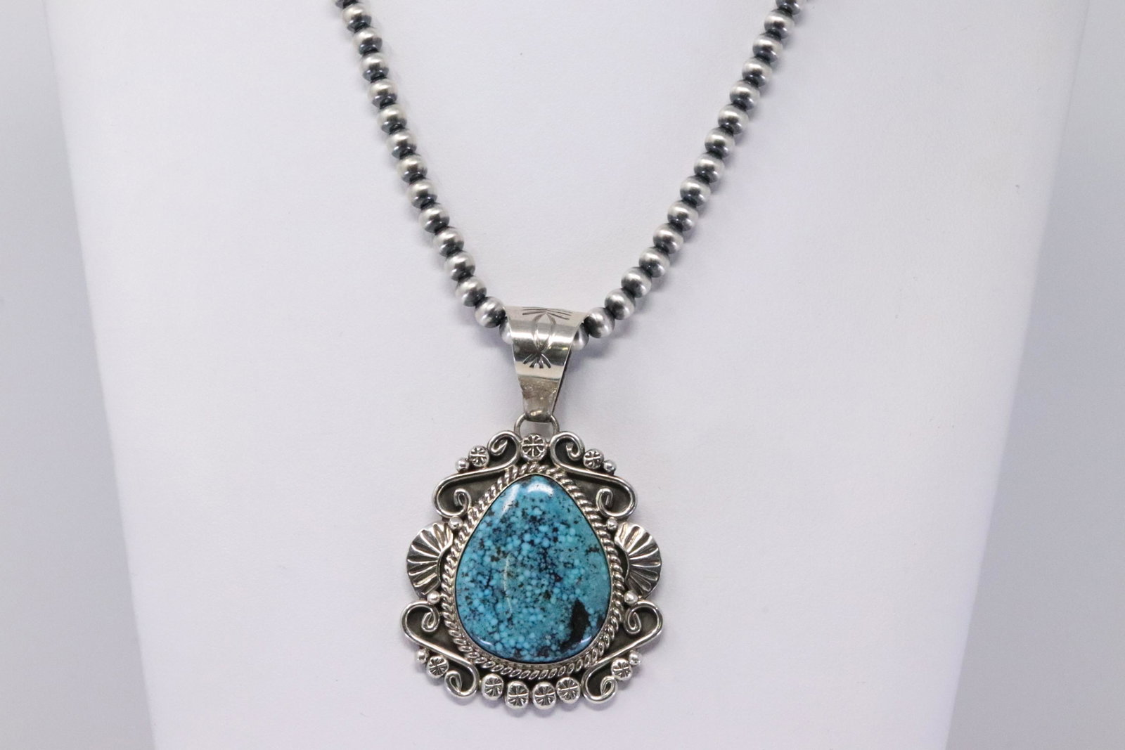 Native American Navajo Handmade Sterling Silver Kingman: This is Native American Navajo Handmade Sterling Silver Kingman Turquoise Pendant & Pearl Necklace By Mary Ann Spencer. Necklace length: 16.00"