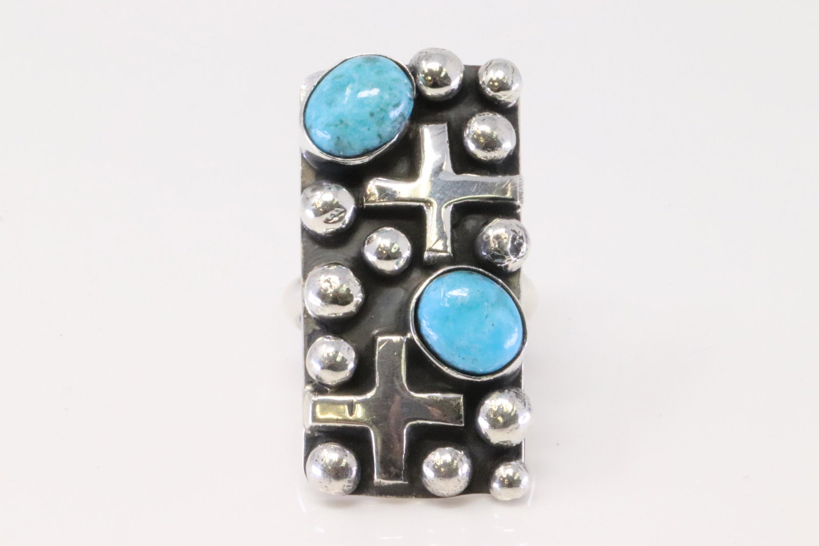 Native America Navajo Handmade Sterling Silver Turquoise Cross Ring By Chimney Butte. (1 of 4)