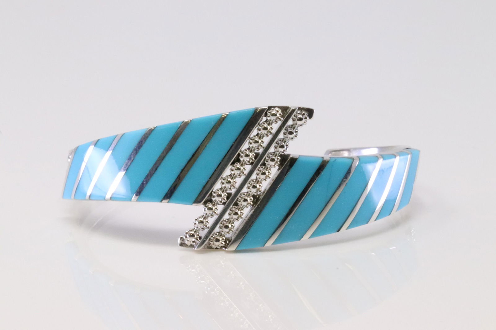 Native American Zuni Handmade Sterling Silver Turquoise Inlay Bracelet By F.S. (1 of 4)