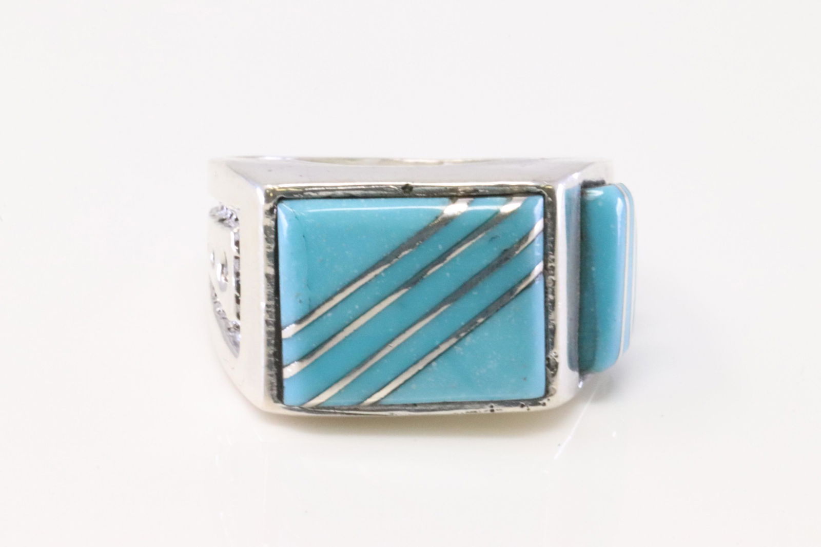 Native American Zuni Handmade Sterling Silver Turquoise Inlay Ring By Leslie & Gladys Lamy. (1 of 4)
