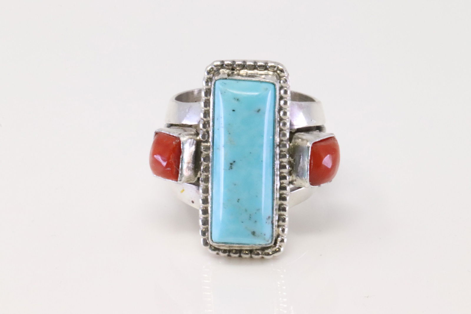 Native American Navajo Handmade Sterling Silver Coral / Turquoise Ring By R.B. (1 of 4)