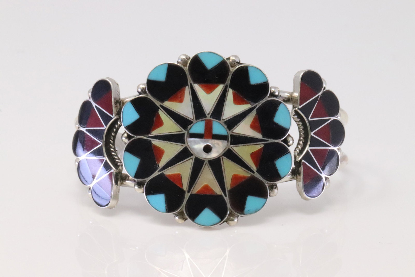 Native American Zuni Handmade Sterling Silver Multi-Color Inlay Sunface Bracelet. (1 of 4)