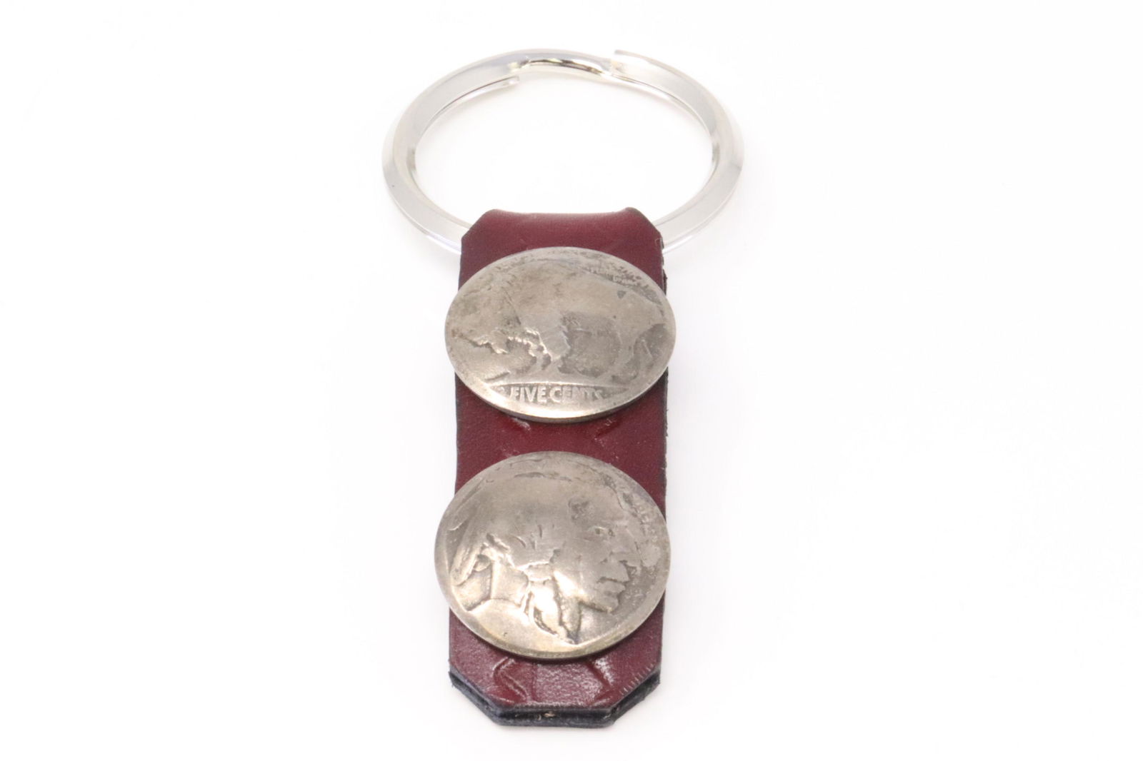 Native America Navajo Handmade Sterling Silver Double Buffalo Nickel Leather Key Ring. (1 of 3)