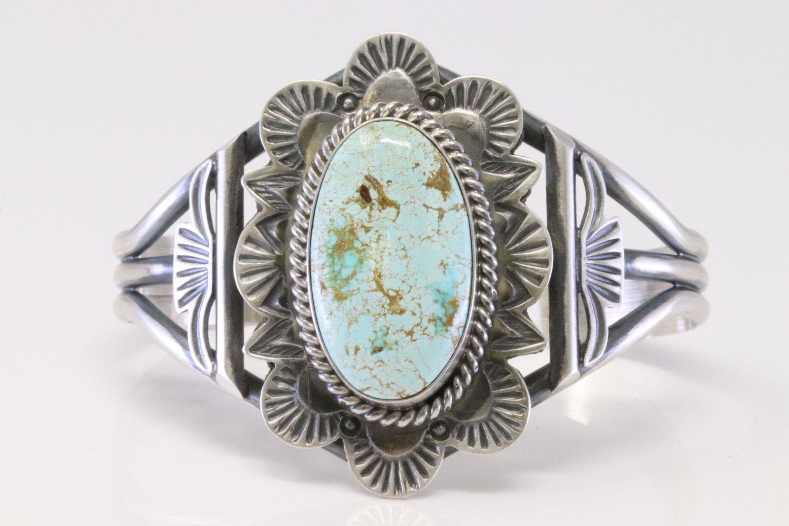 Native America Navajo Handmade Sterling Silver Turquoise Bracelet By Mary Ann Spencer.: This is a Native America Navajo Handmade Sterling Silver Turquoise Bracelet By Mary Ann Spencer. #8.