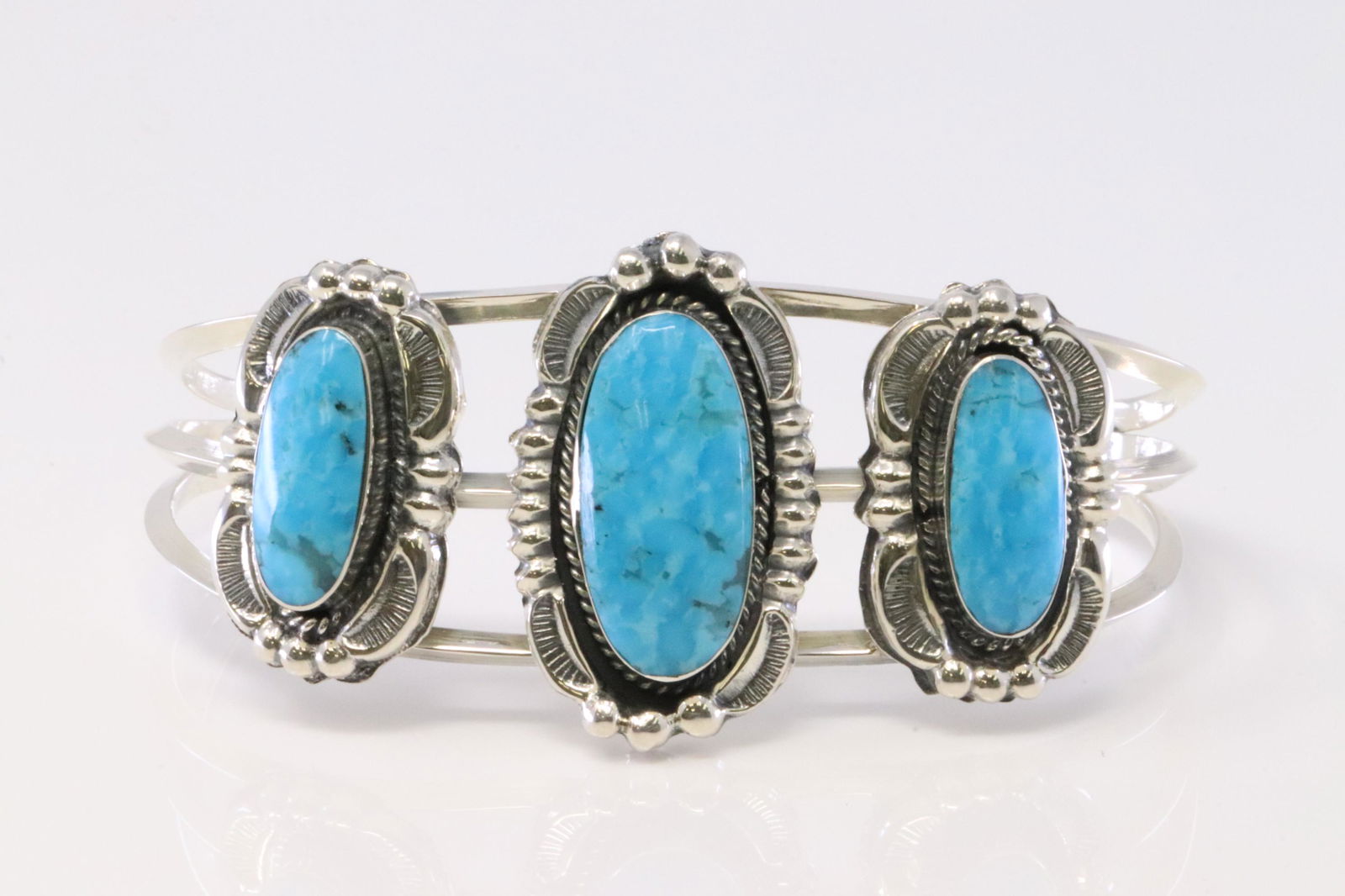Native America Handmade Navajo Sterling Silver Turquoise Bracelet 3 Stone Cuff By Irvin Tsosie. (1 of 4)