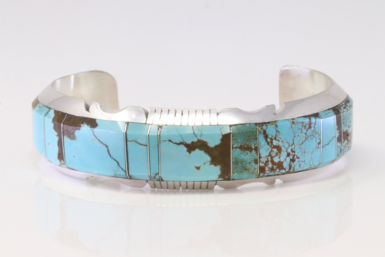 Native America Navajo Handmade Sterling Silver Turquoise Inlay Bracelet By Steve Francisco.: This is a Native America Navajo Handmade Sterling Silver Turquoise Inlay Bracelet By Steve Francisco.