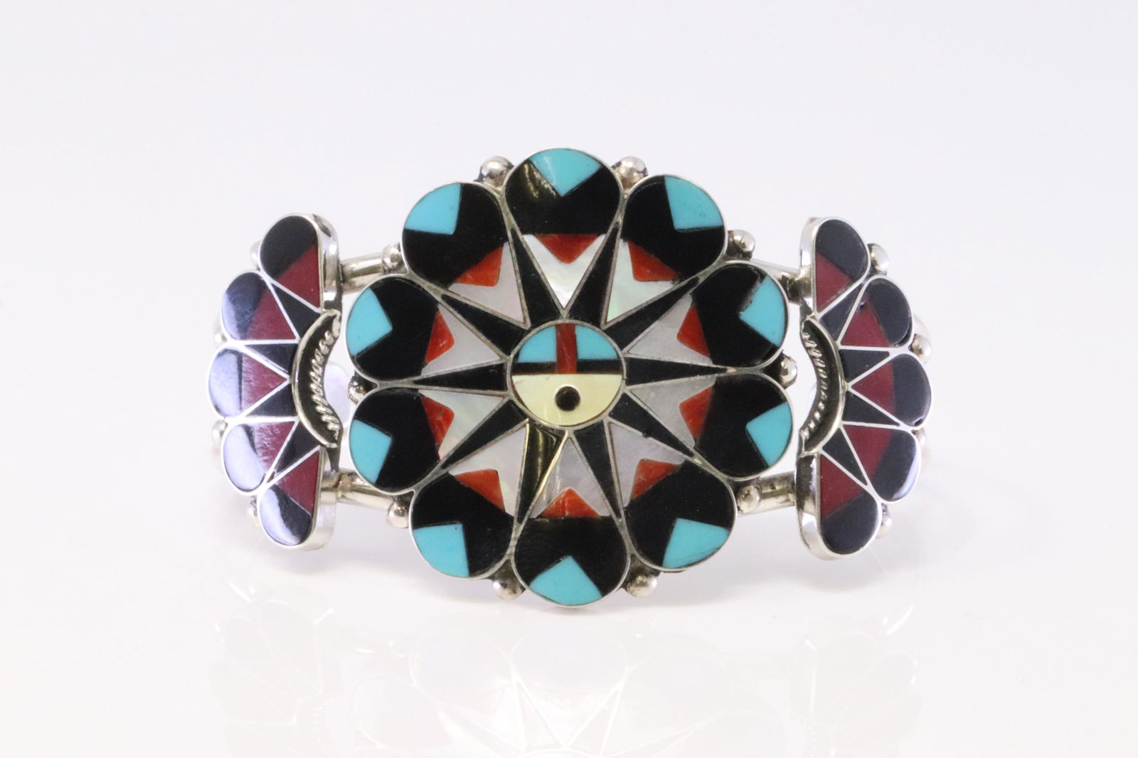 Native American Zuni Handmade Sterling Silver Multi-Color Inlay Sunface Bracelet. (1 of 3)