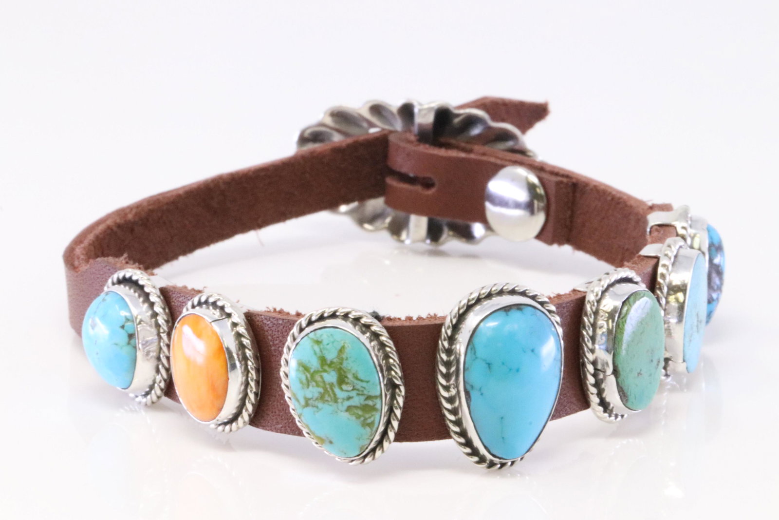 Native America Navajo Handmade Sterling Silver Turquoise / Spiny Oyster Cuff Leather Bracelet By A. (1 of 4)