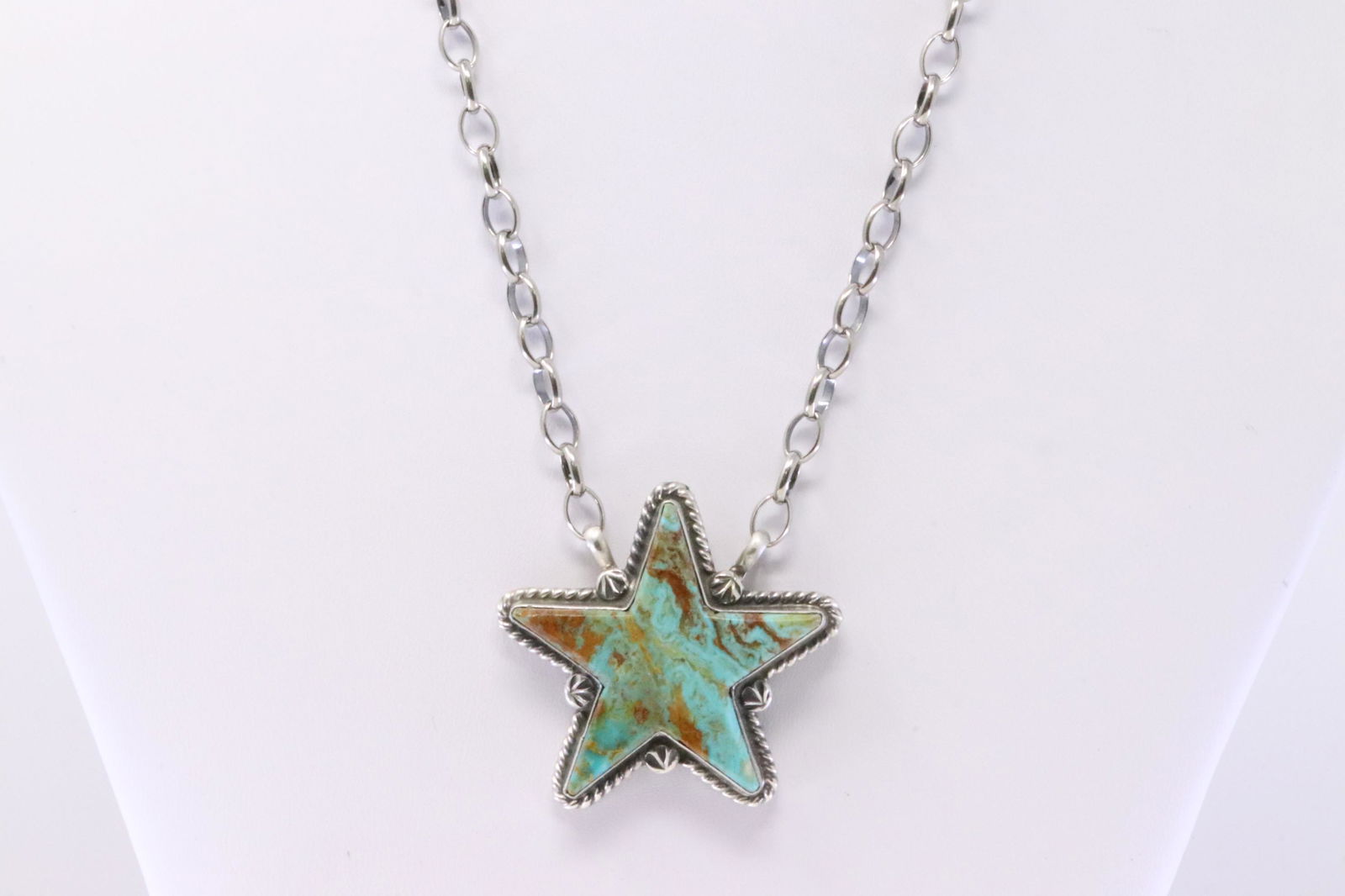 Native America Navajo Handmade Sterling Silver Kingman Turquoise Star Necklace By Robert Shakey. (1 of 4)