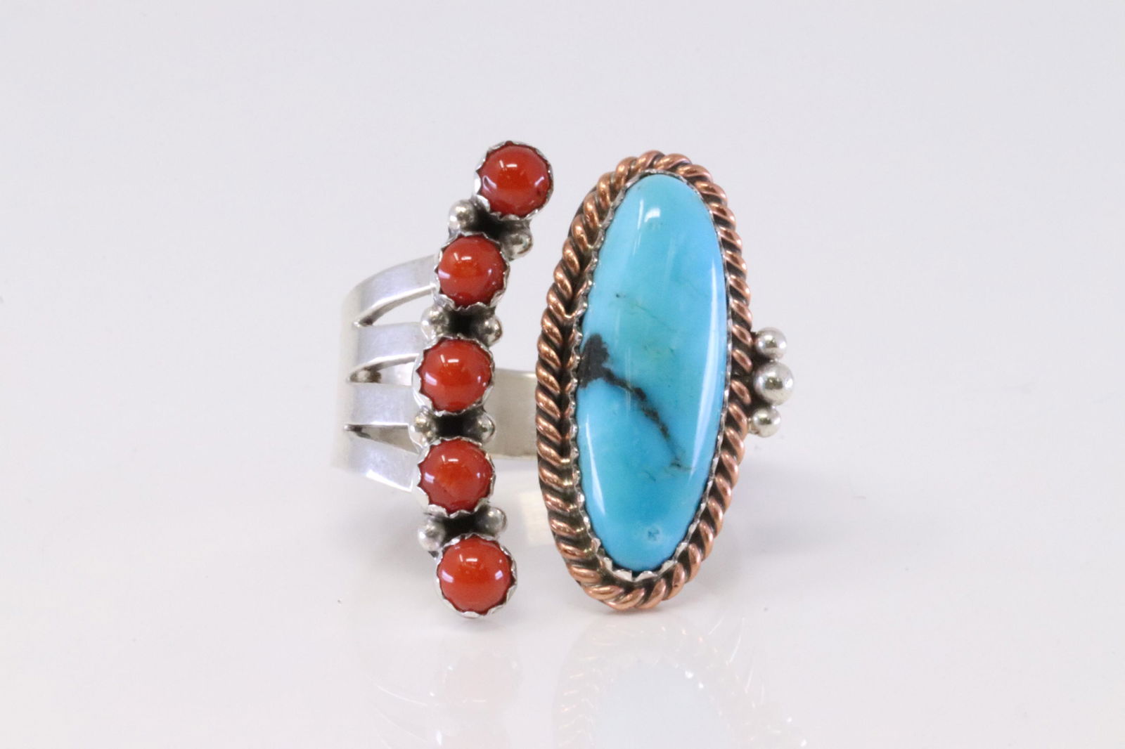 Native America Handmade Navajo Sterling Silver Coral / Turquoise Ring By R.B. (1 of 4)