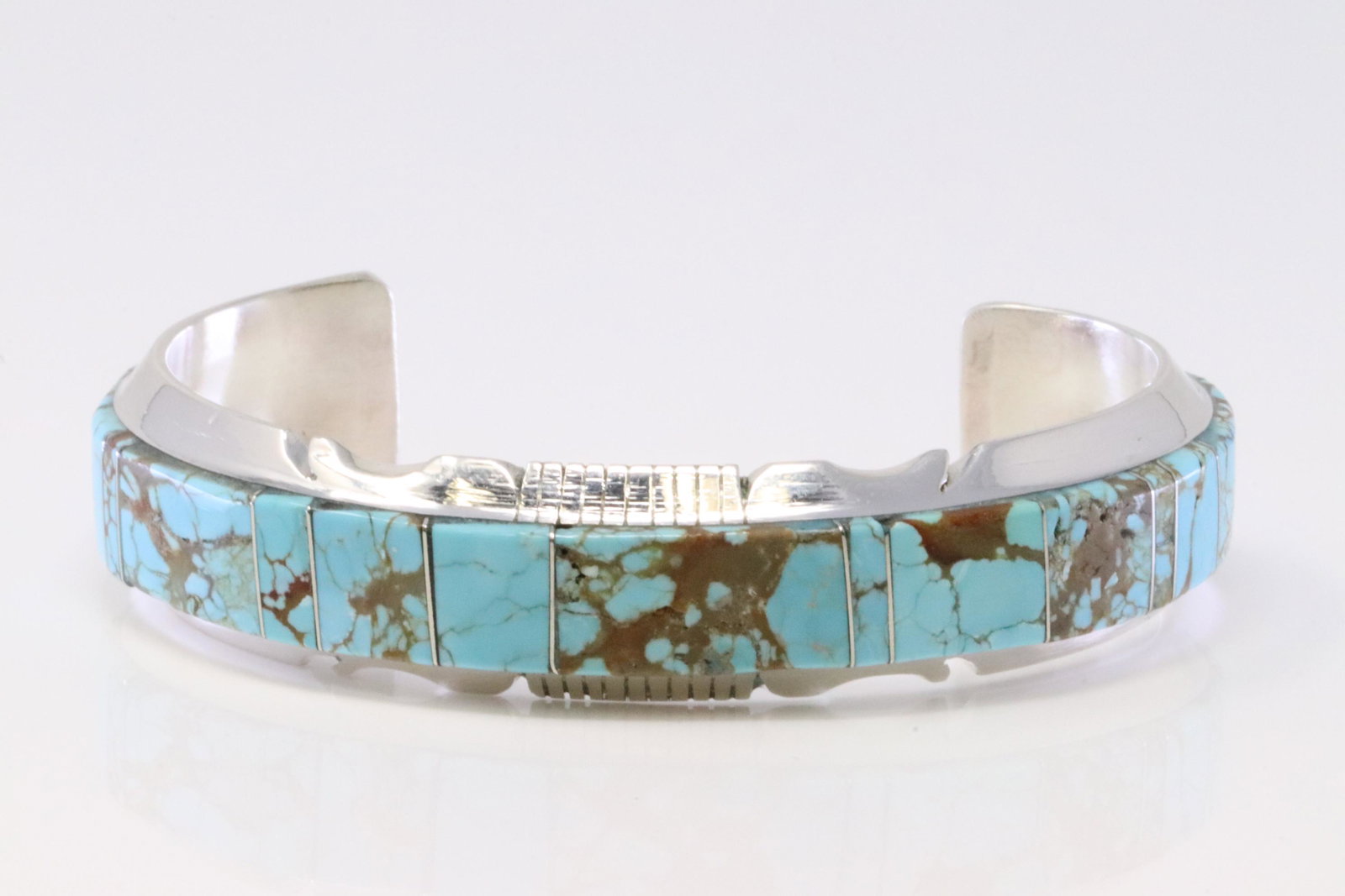 Native American Navajo Handmade Sterling Silver Turquoise Inlay Bracelet By SF. (1 of 4)