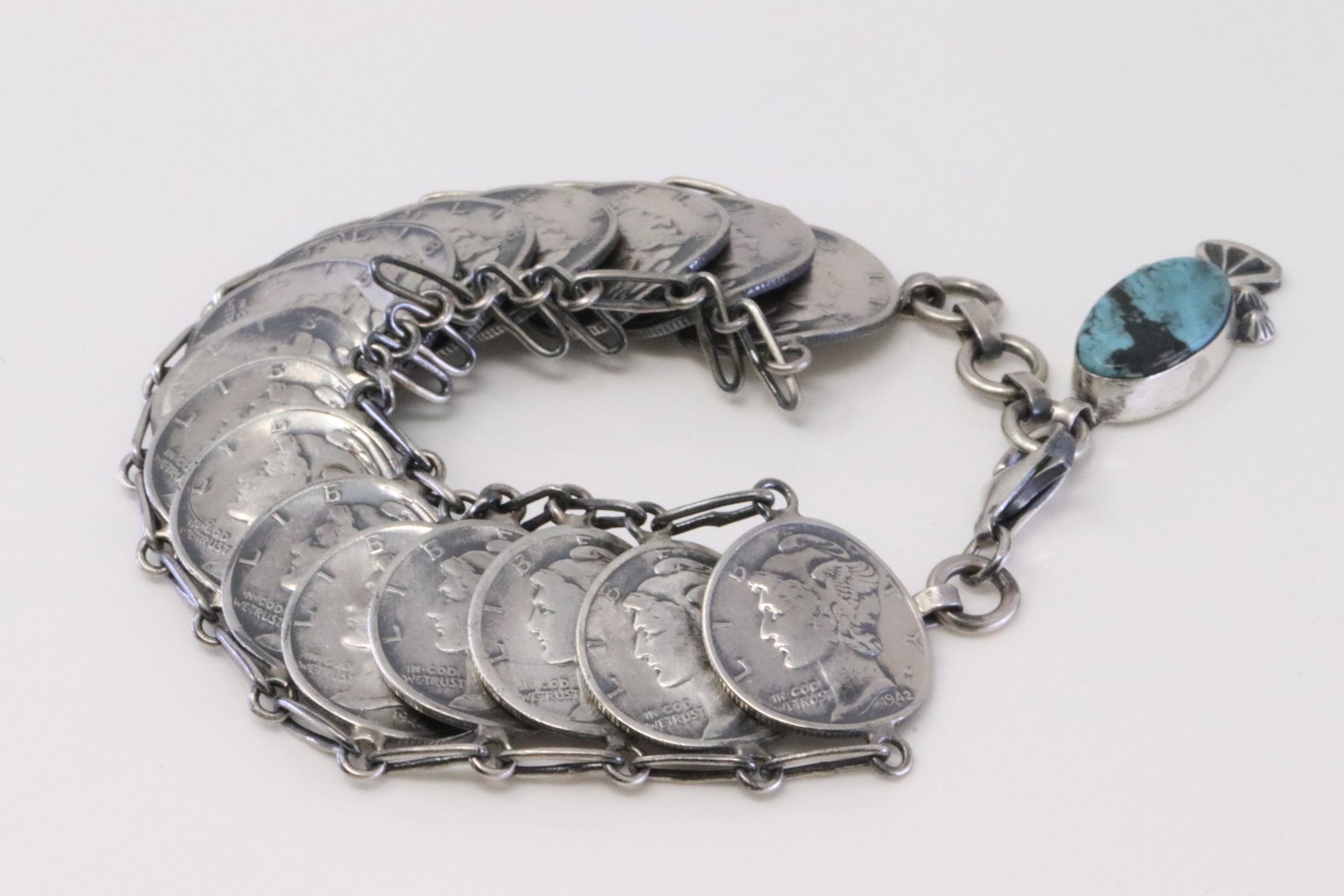 Native America Navajo Handmade Sterling Silver Turquoise Liberty Dime Link Bracelet By James McCabe. (1 of 4)