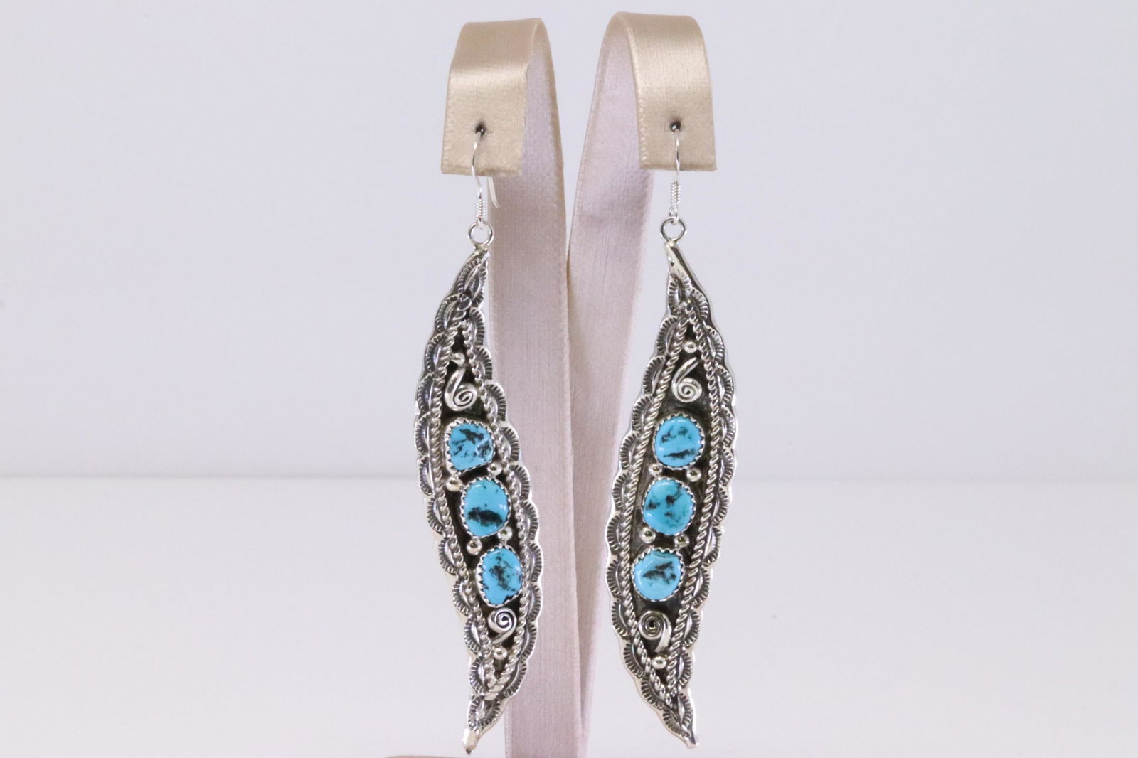 Native American Navajo Handmade Sterling Silver Leaf Turquoise Dangling Earring's By JH Etsitty. (1 of 4)