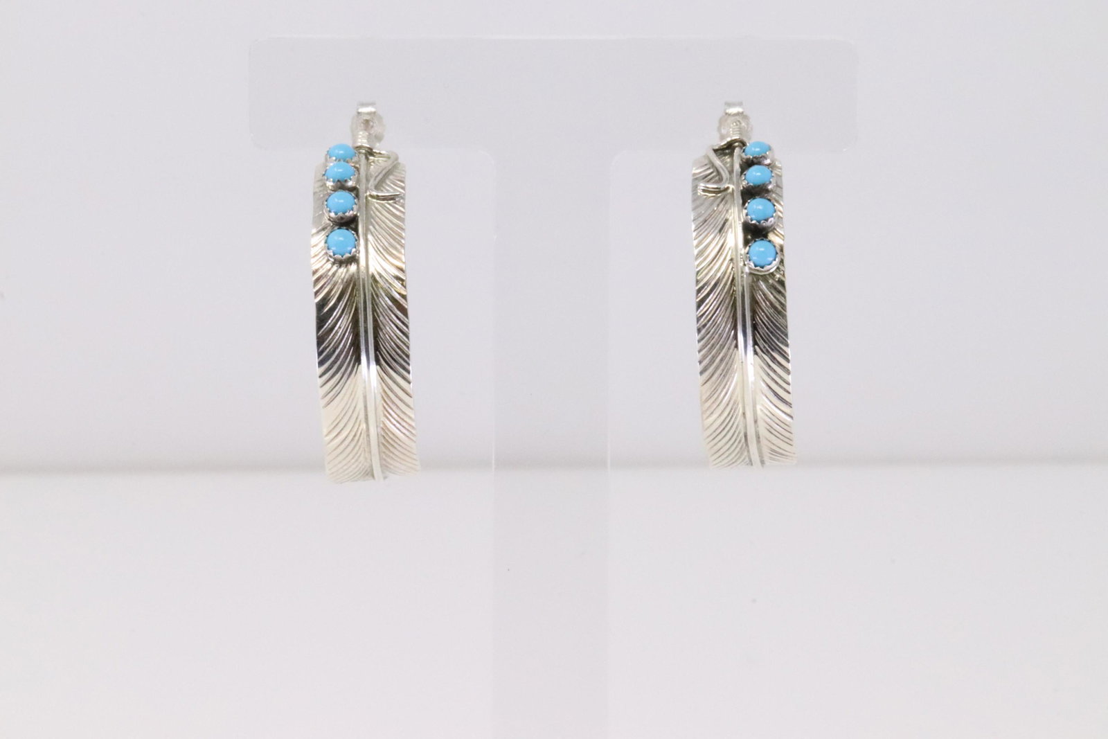 Native American Navajo Handmade Sterling Silver Hoop Feather Turquoise Earring's By Byron Begay.: This is a Native American Navajo Handmade Sterling Silver Hoop Feather Turquoise Earring's By Byron Begay.