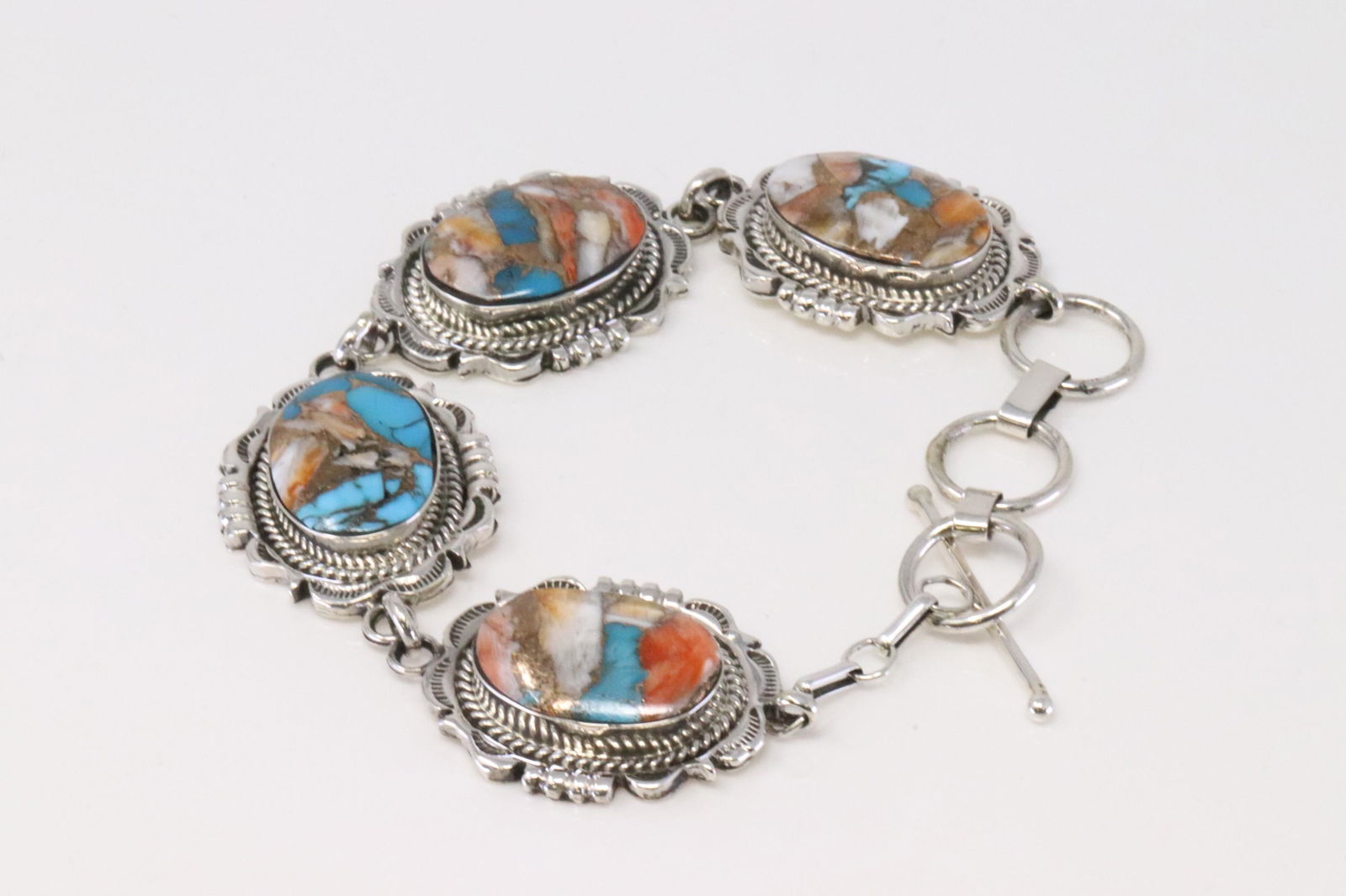 Native American Navajo Handmade Sterling Silver Compressed Turquoise Link Bracelet By Jimison Belin. (1 of 4)