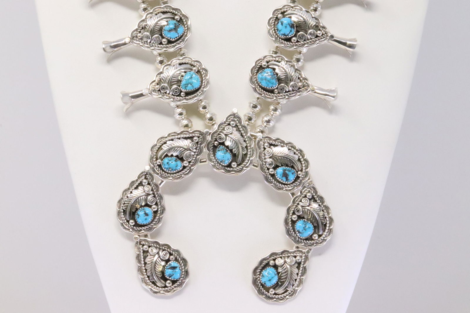 Native American Navajo Handmade Sterling Silver Leaf Turquoise Squash Blossom Necklace & Earring's (1 of 8)