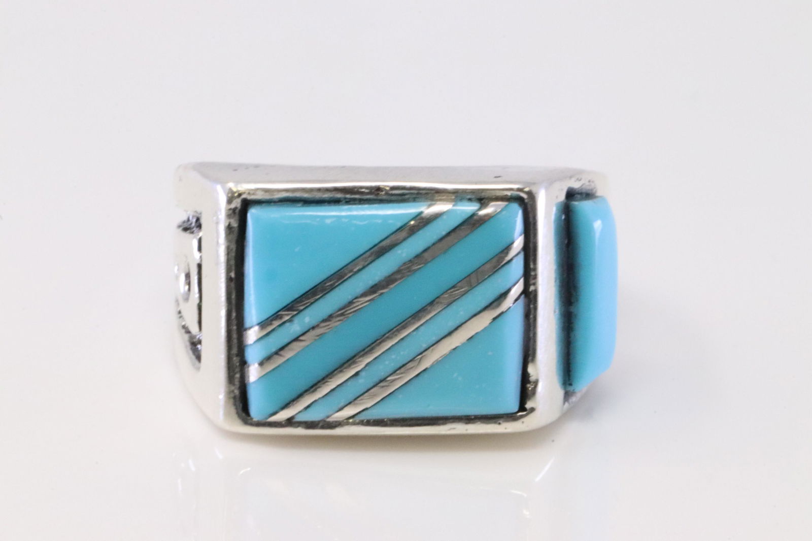 Native America Zuni Handmade Sterling Silver Turquoise Inlay Ring By Leslie & Gladys. (1 of 4)