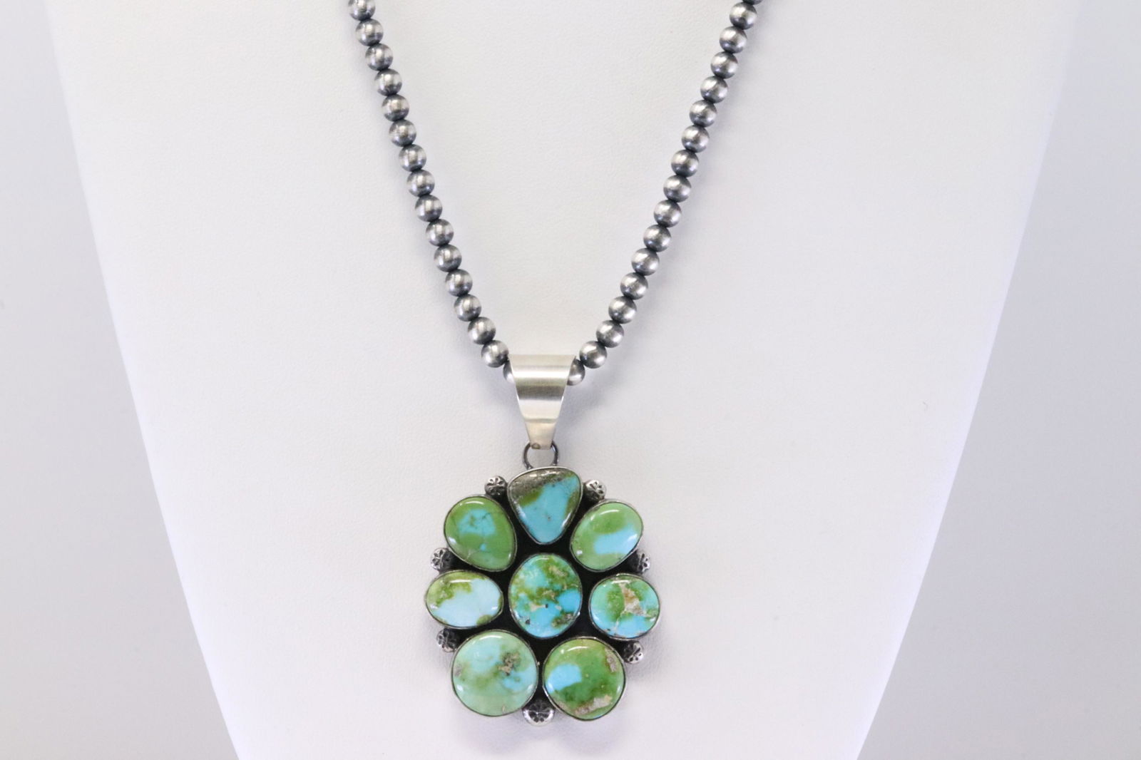 Native American Navajo Handmade Sterling Silver Sonora Gold Turquoise Pendant & Beaded Necklace By (1 of 4)