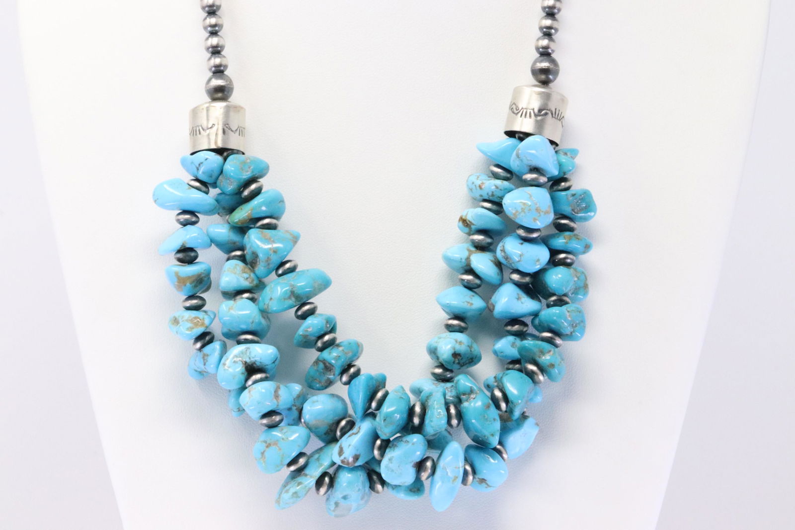 Native American Navajo Handmade Sterling Silver 3 Strand Turquoise with Pearl Beaded Necklace. (1 of 5)