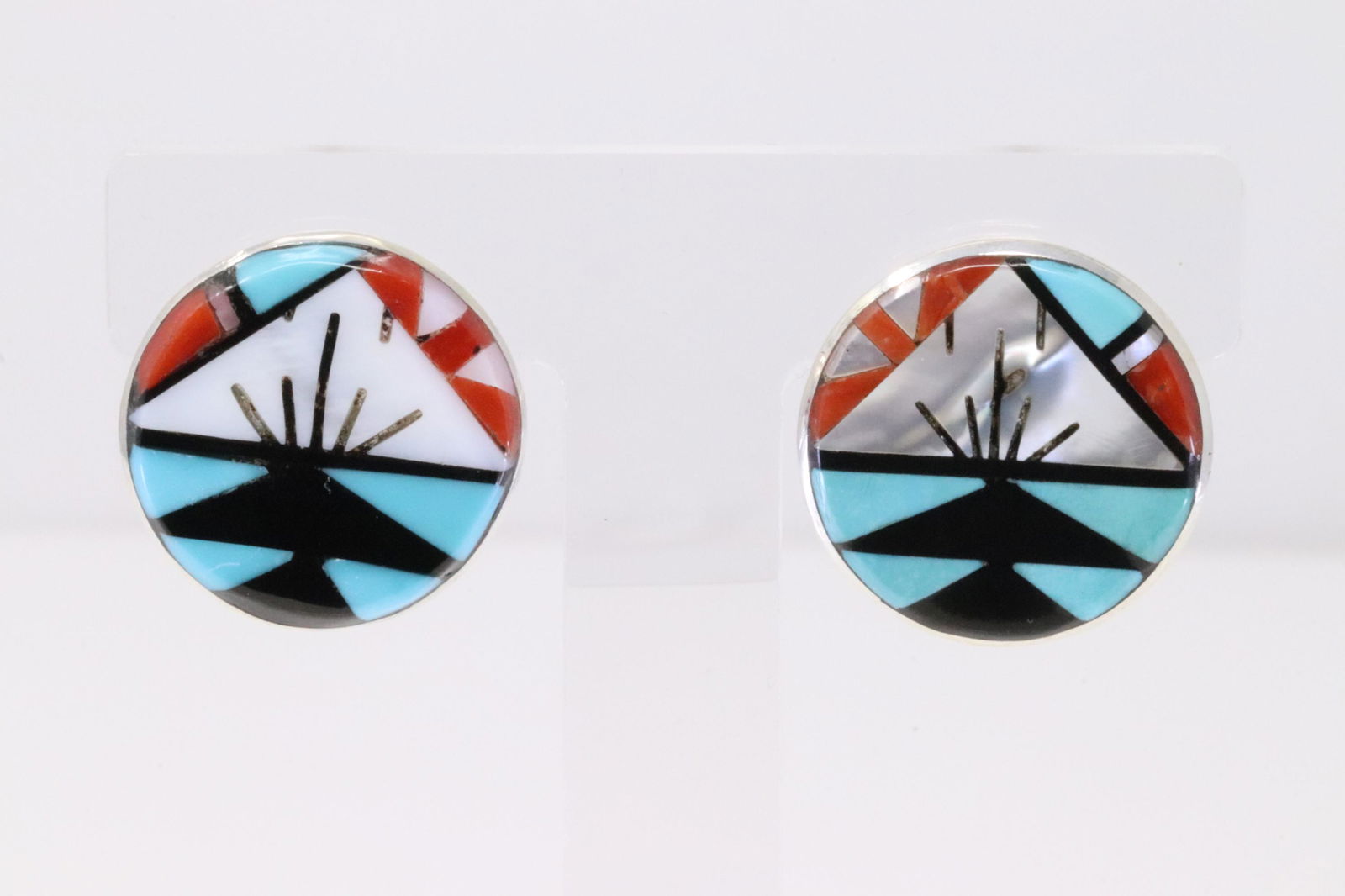 Native American Zuni Handmade Sterling Silver Multi-Stone Inlay Post Earring's. (1 of 4)