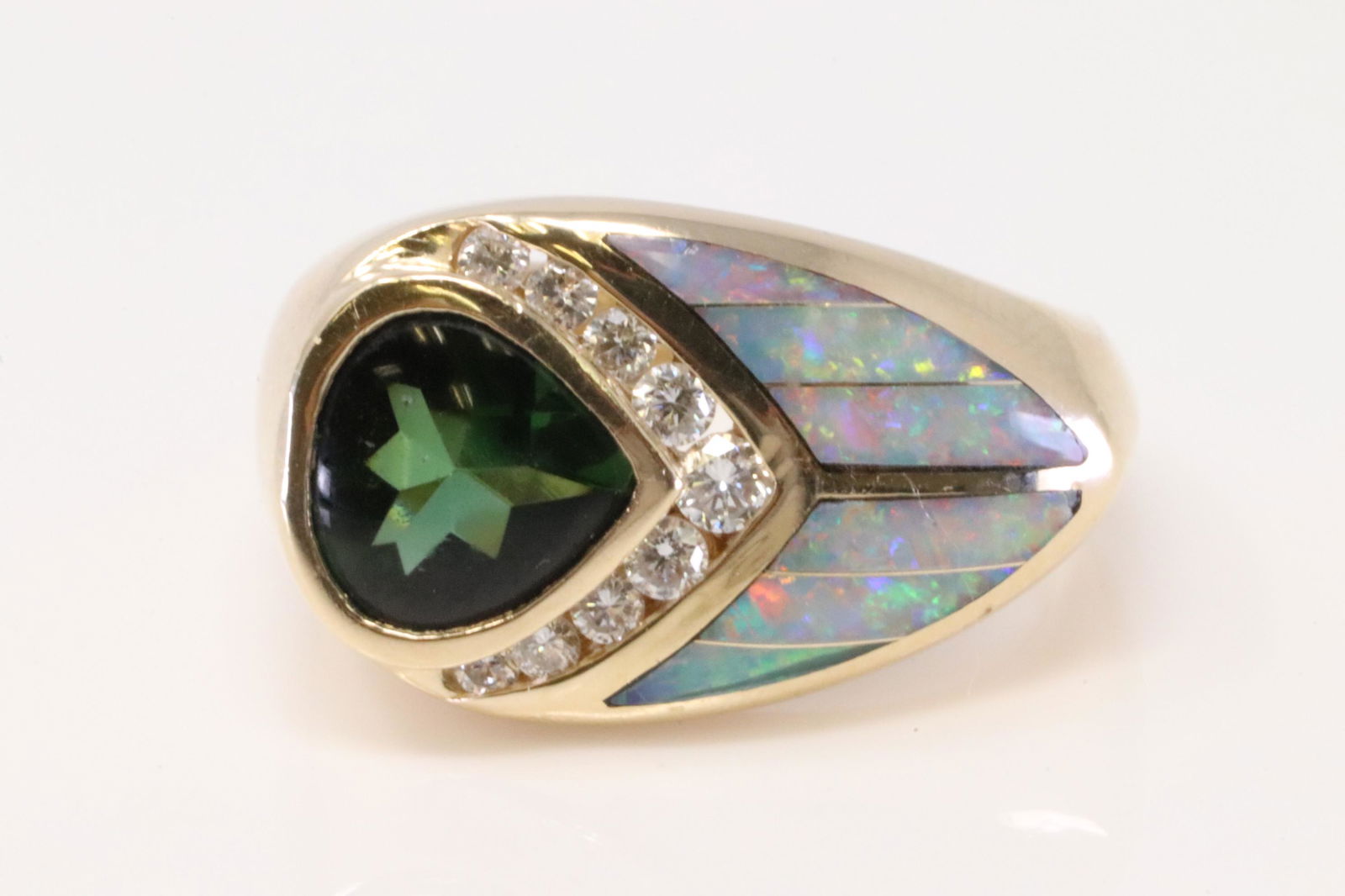 14Kt Yellow Gold Tourmaline / Opal / Diamond Ring. (1 of 4)