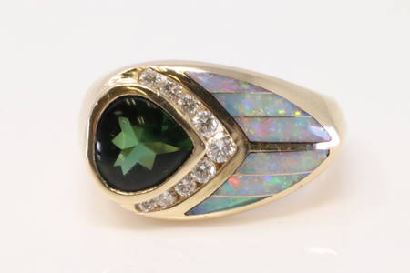 14Kt Yellow Gold Tourmaline / Opal / Diamond Ring.