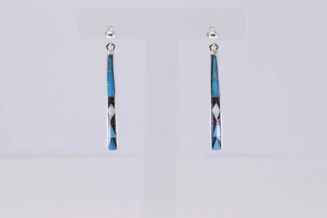 Native American Zuni Handmade Sterling Silver Multi-Color Inlay Post / Dangling Earring's By Rick: This is a Native American Zuni Handmade Sterling Silver Multi-Color Inlay Post / Dangling Earring's By Rick Tolime.