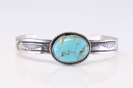 Native America Navajo Handmade Sterling Silver Kingman Turquoise Bracelet By Rick Enriquez.: This is a Native America Navajo Handmade Sterling Silver Kingman Turquoise Bracelet By Rick Enriquez.