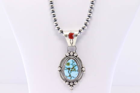 Native America Navajo Handmade Sterling Silver Coral / Turquoise Pendant & Pearl Beaded Necklace By: This is a Native America Navajo Handmade Sterling Silver Coral / Turquoise Pendant & Pearl Beaded Necklace By Tom Lewis. Necklace length: 18.00"