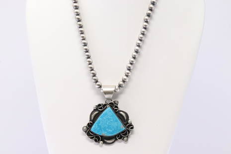 Native American Navajo Handmade Sterling Silver Turquoise Pendant & Pearl Beaded Necklace By J.L.C.: This is a Native American Navajo Handmade Sterling Silver Turquoise Pendant & Pearl Beaded Necklace By J.L.C. Necklace length: 18.00"