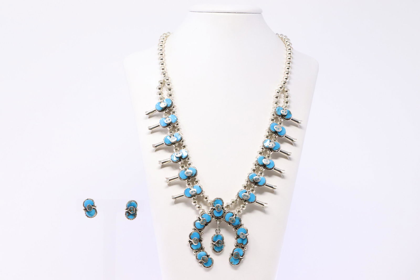 Native American Zuni Handmade Sterling Silver Squash Blossom Turquoise Necklace & Earring's Set By (1 of 6)
