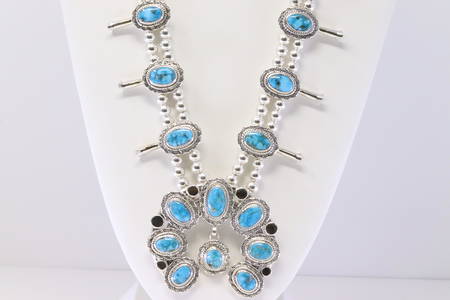 Native American Navajo Handmade Sterling Silver Turquoise Naja Squash Blossom Necklace & Dangling