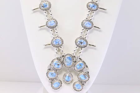 Native American Navajo Handmade Sterling Silver Golden Hill Turquoise Squash Blossom Necklace &