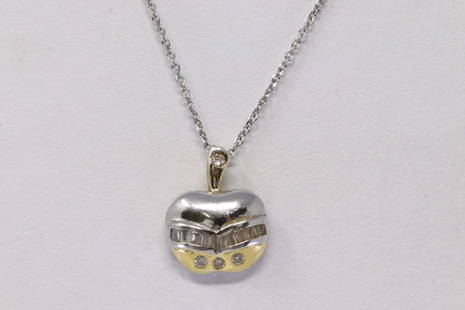 14Kt Diamond White Gold Apple Pendant.: This is a 14Kt Diamond White Gold Apple Pendant. Pendant has 13 beget diamonds with 4 round diamonds. Necklace length is 18.00". Total necklace weight is 2.84g.