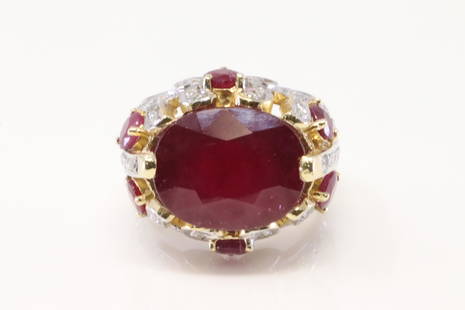 14Kt Yellow Gold Ruby / Diamond Ring.: Ladies 14Kt Yellow Gold Ruby / Diamond Ring. Ring has 7 Round Ruby's & 60 round Brilliant Diamonds. Ring size: 7.25. Total weight: 18.67 Grams.